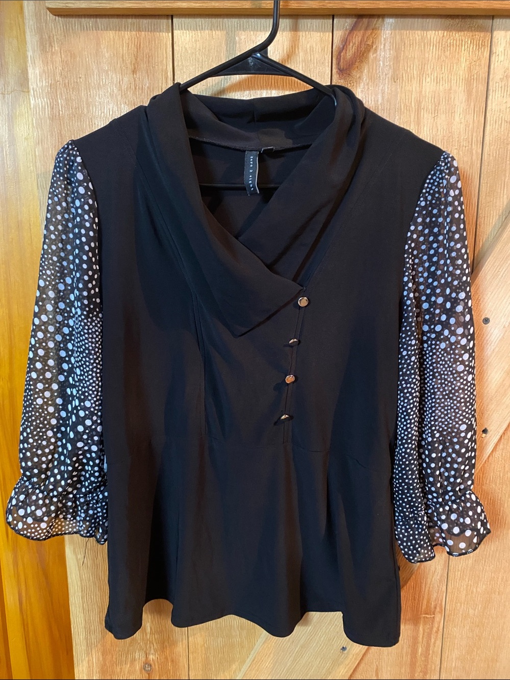 Zero 2 eight Black Blouse with Polka Dot Sleeves - Women's Draped Neck Top